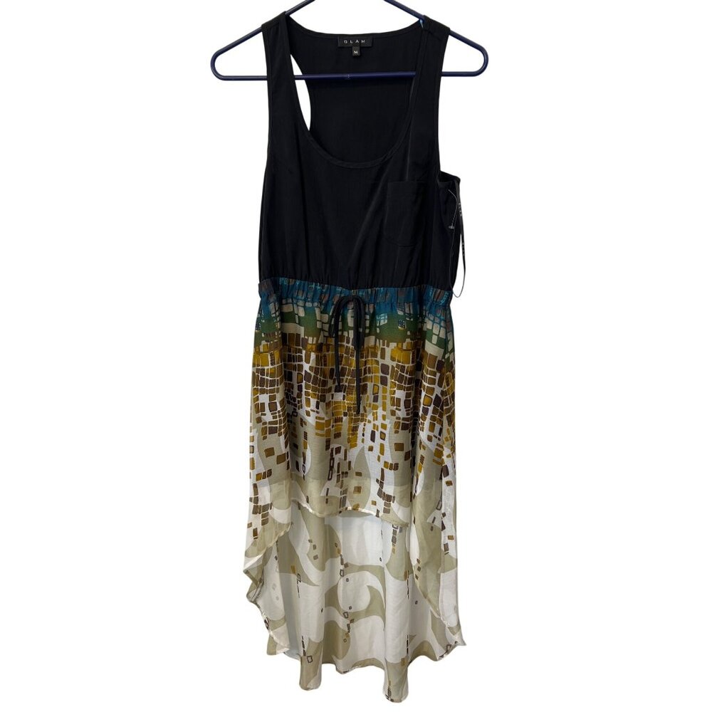 Glam Sleeveless Hi Low Dress Size Medium Geometric Print Skirt Black Multicolor